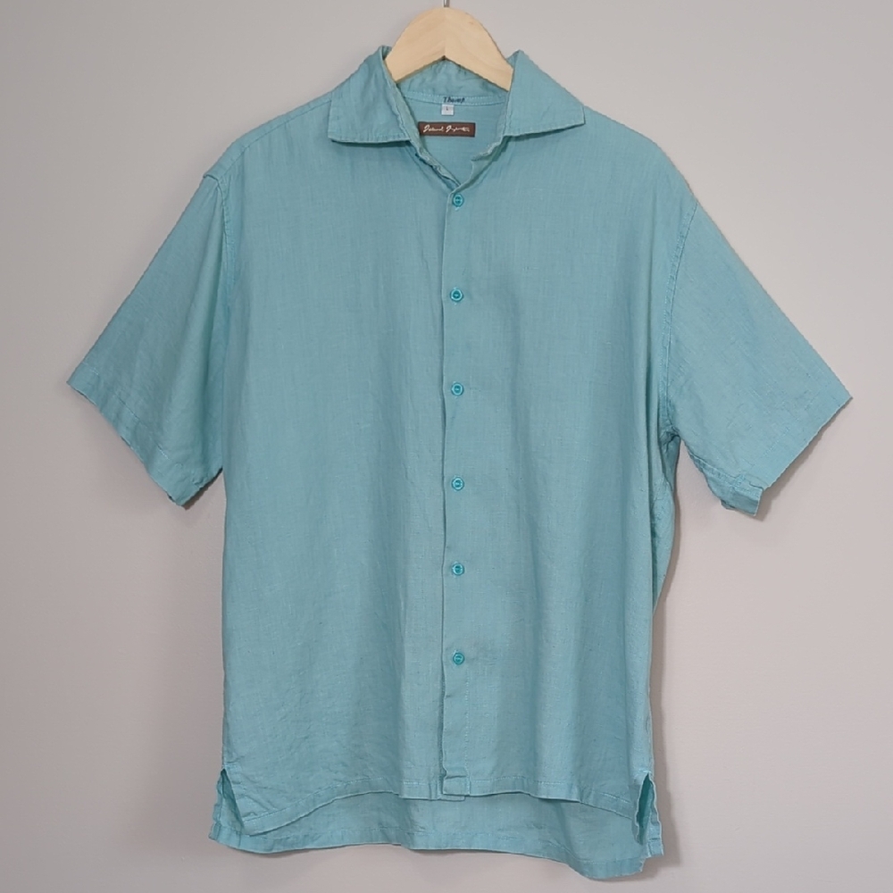 Island Importer Men's Linen Aqua Short Sleeve Button Down Shirt Large Beachy - Picture 2 of 13